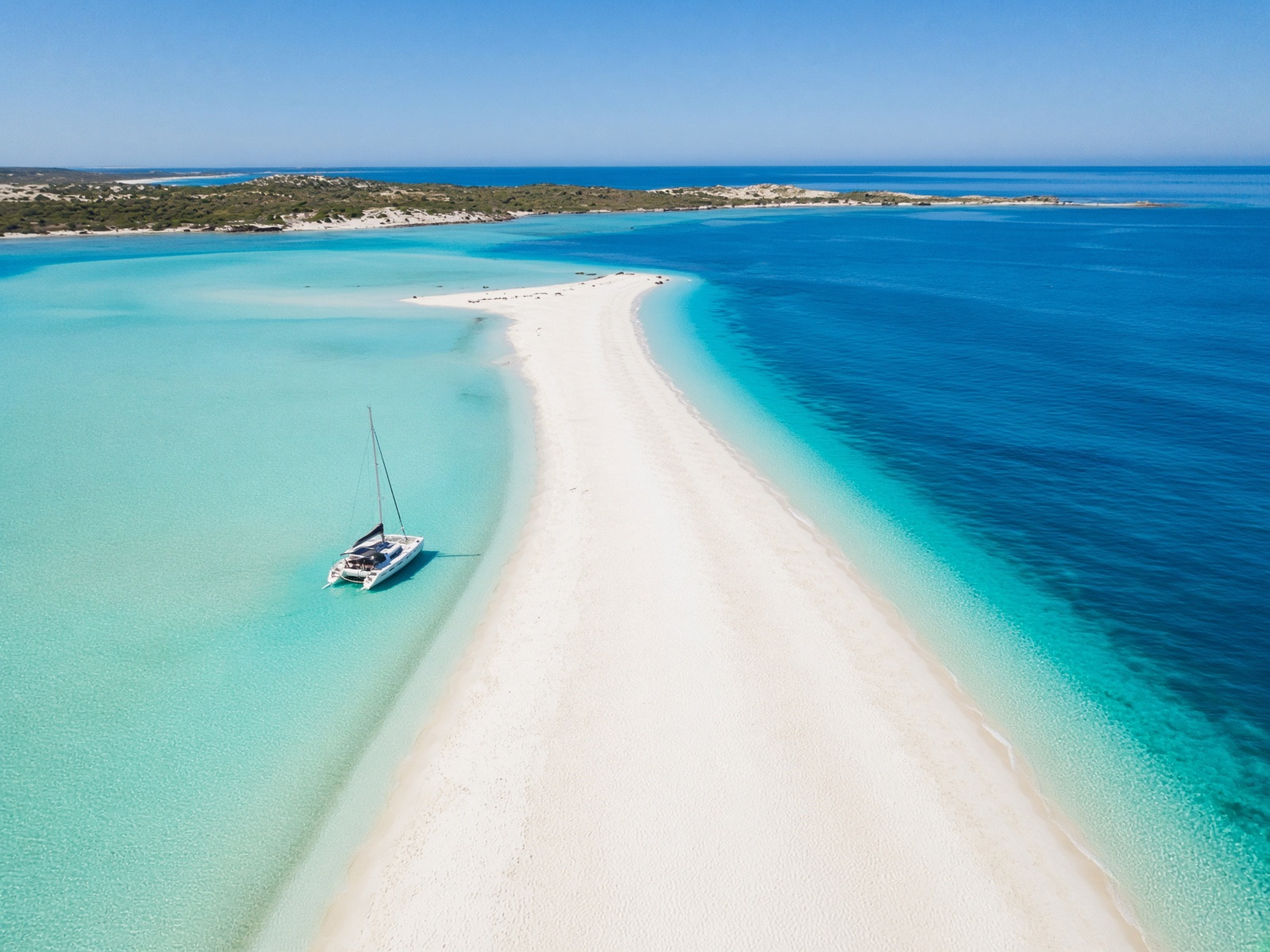 Aerial view of a white sandbar and a sailboat in turquoise water at Espalmador